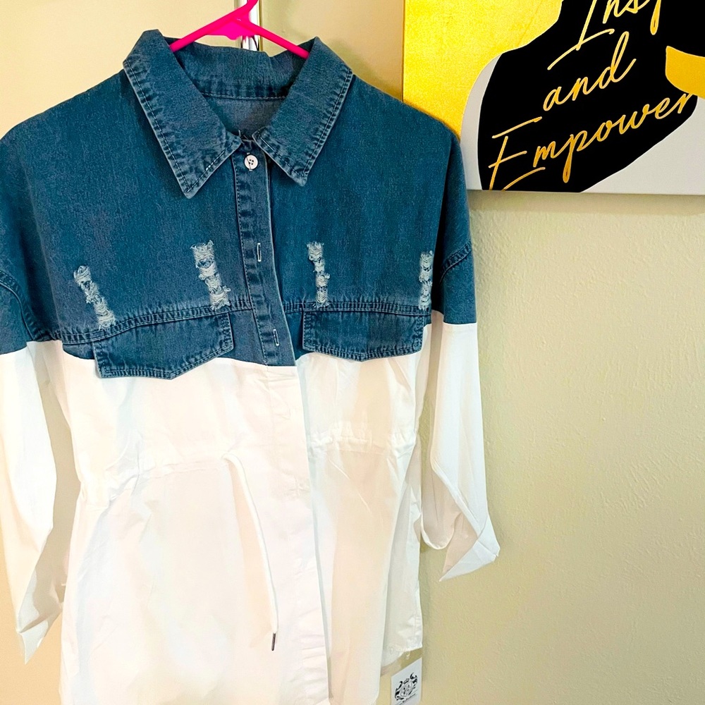 Half denim and white top